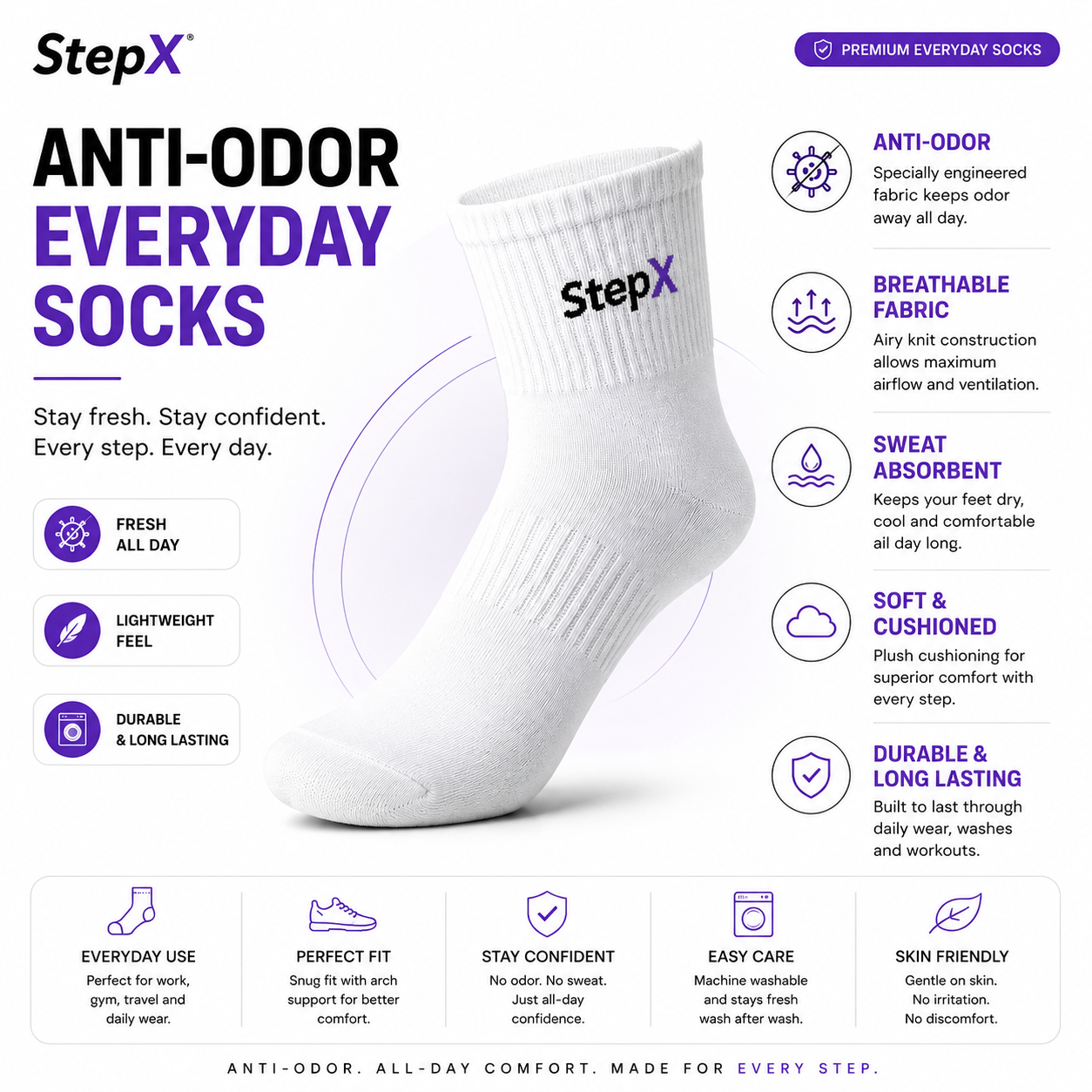 StepX Everyday Premium Anti-Odor Socks